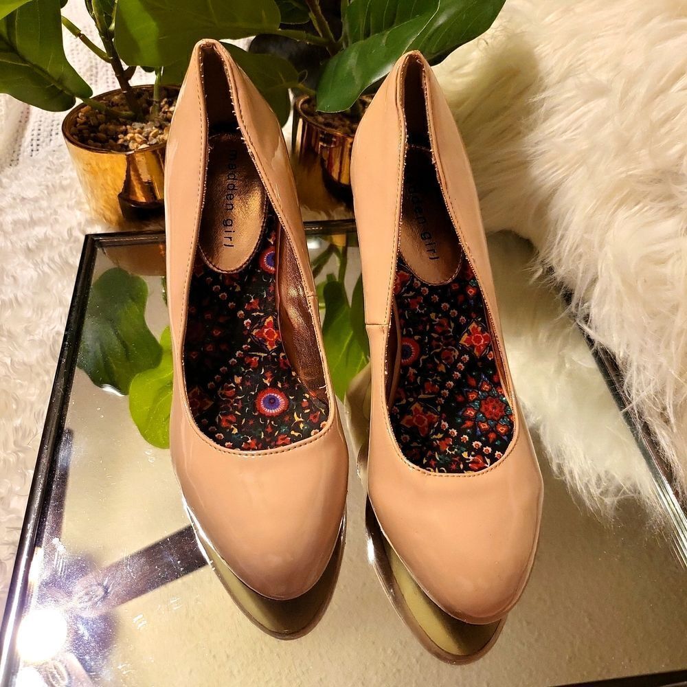 Madden girl high heels,in nude color,and they are patent,vegan faux leather